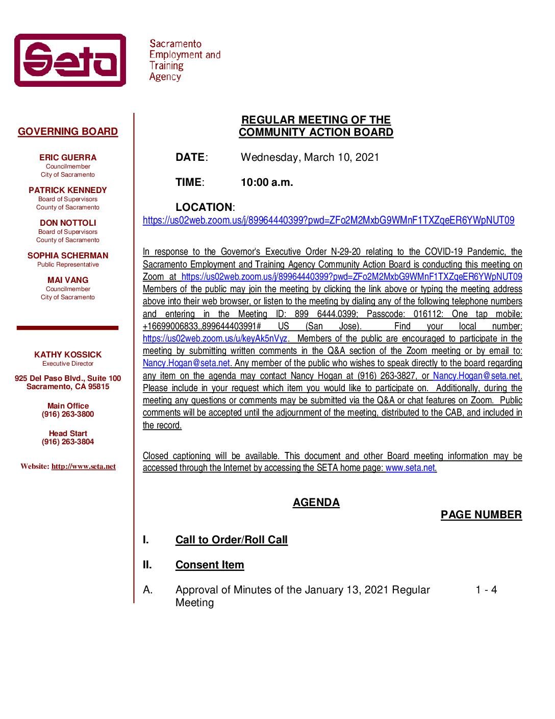 Regular Meeting of the Community action Board 03/10/2021