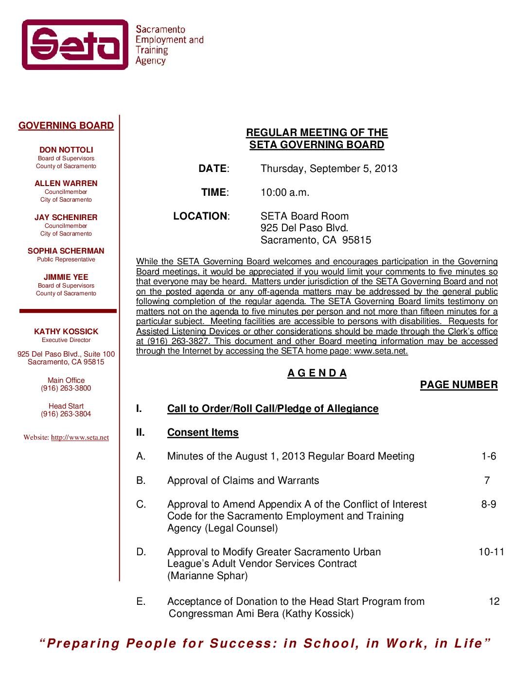 Regular Governing Board 9/5/13