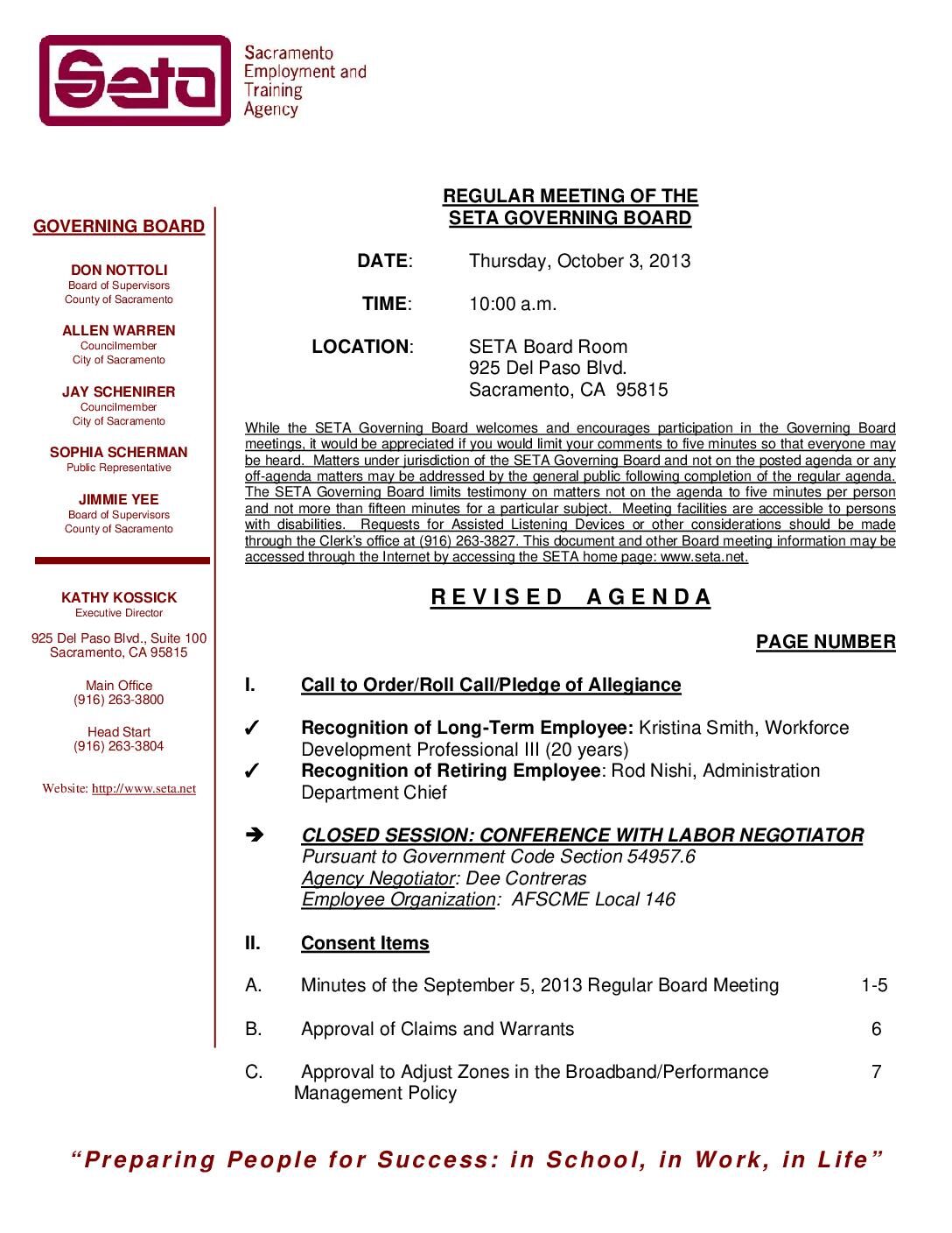 Regular Governing Board 10/3/13