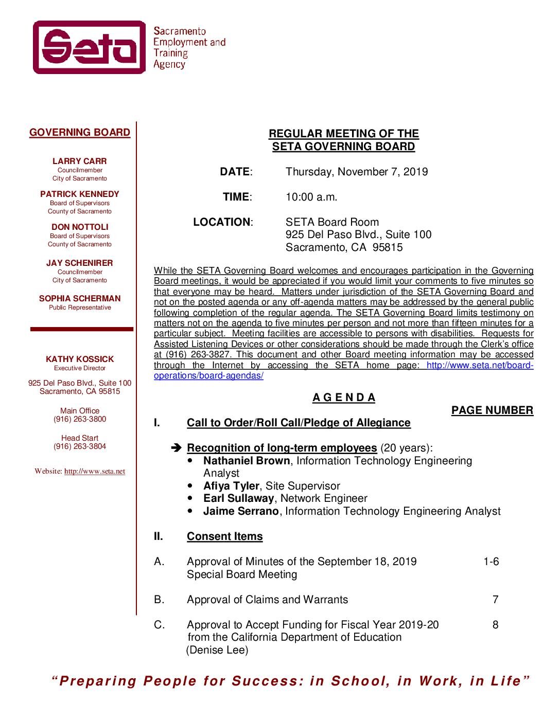 Regular SETA Governing Board 11/7/19