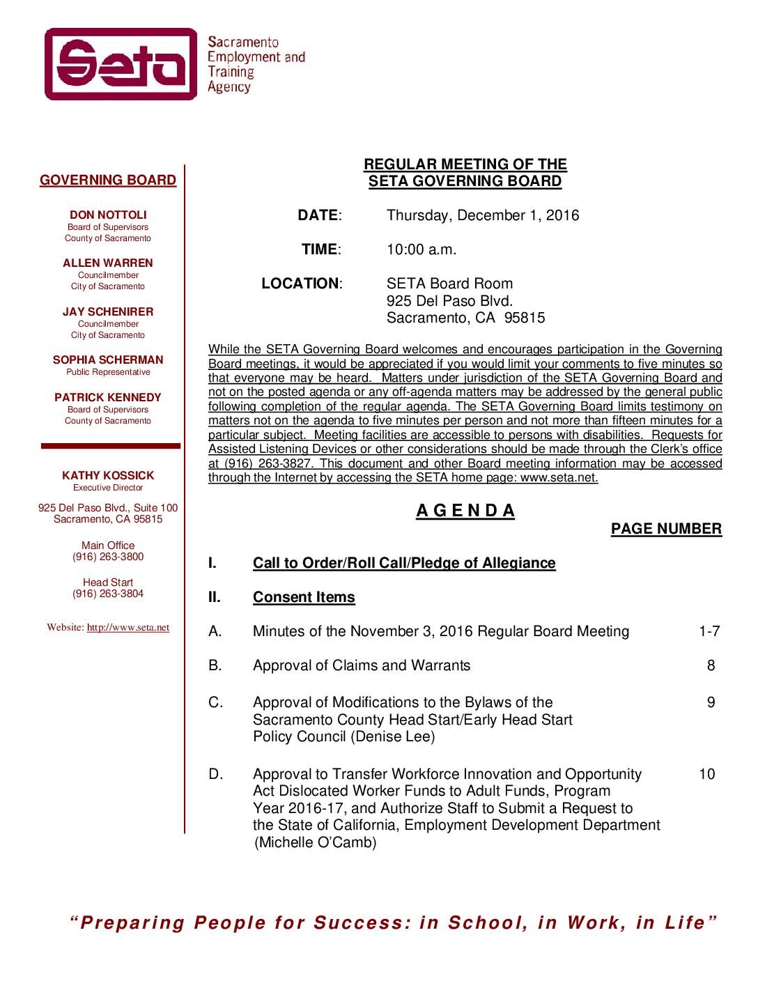 Regular SETA Governing Board 12/1/16