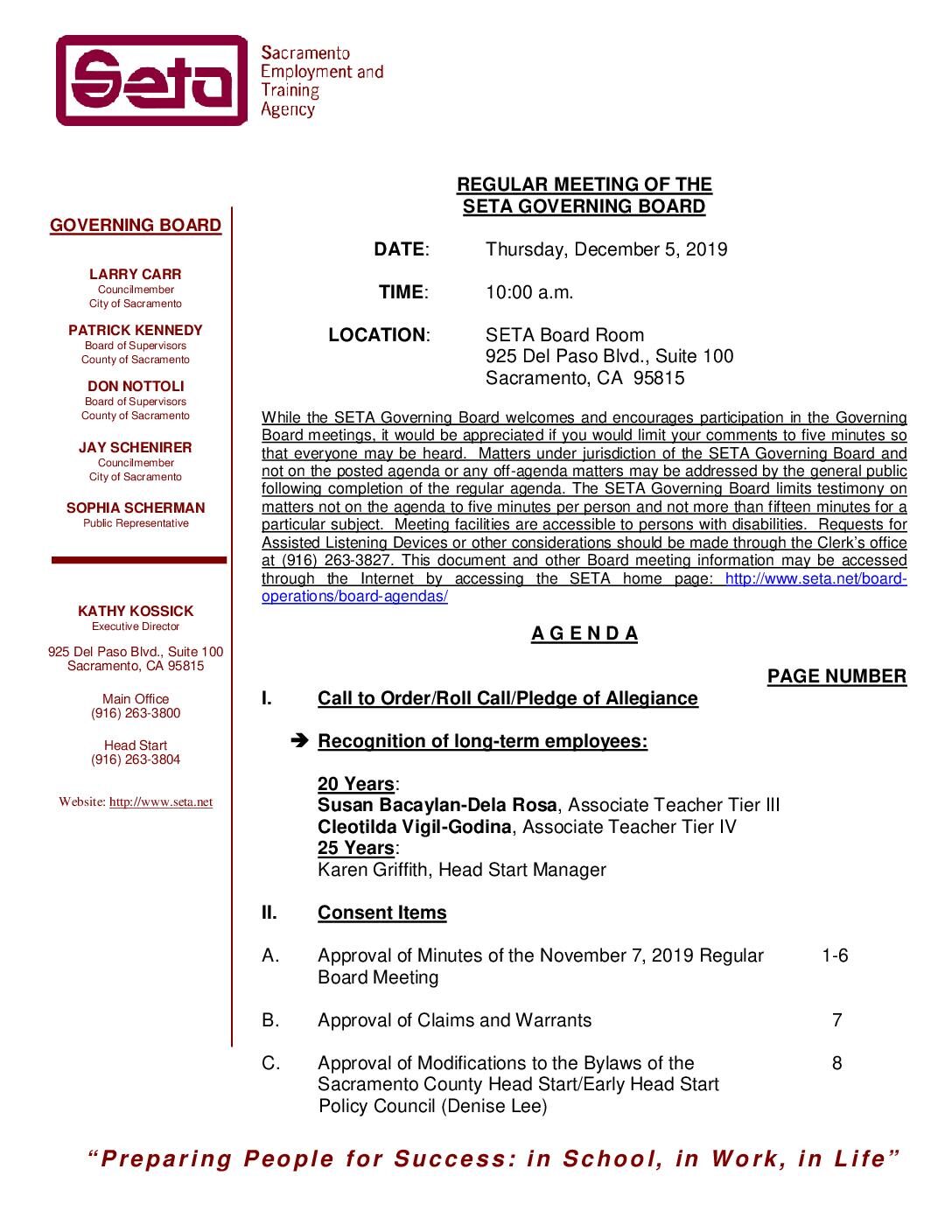 Regular SETA Governing Board 12/5/19