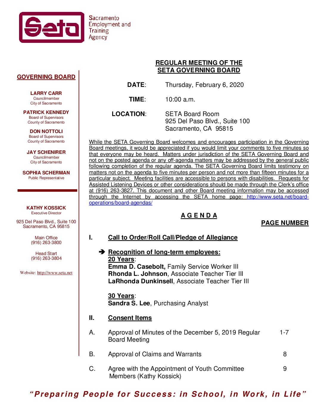 Regular SETA Governing Board 2/6/2020