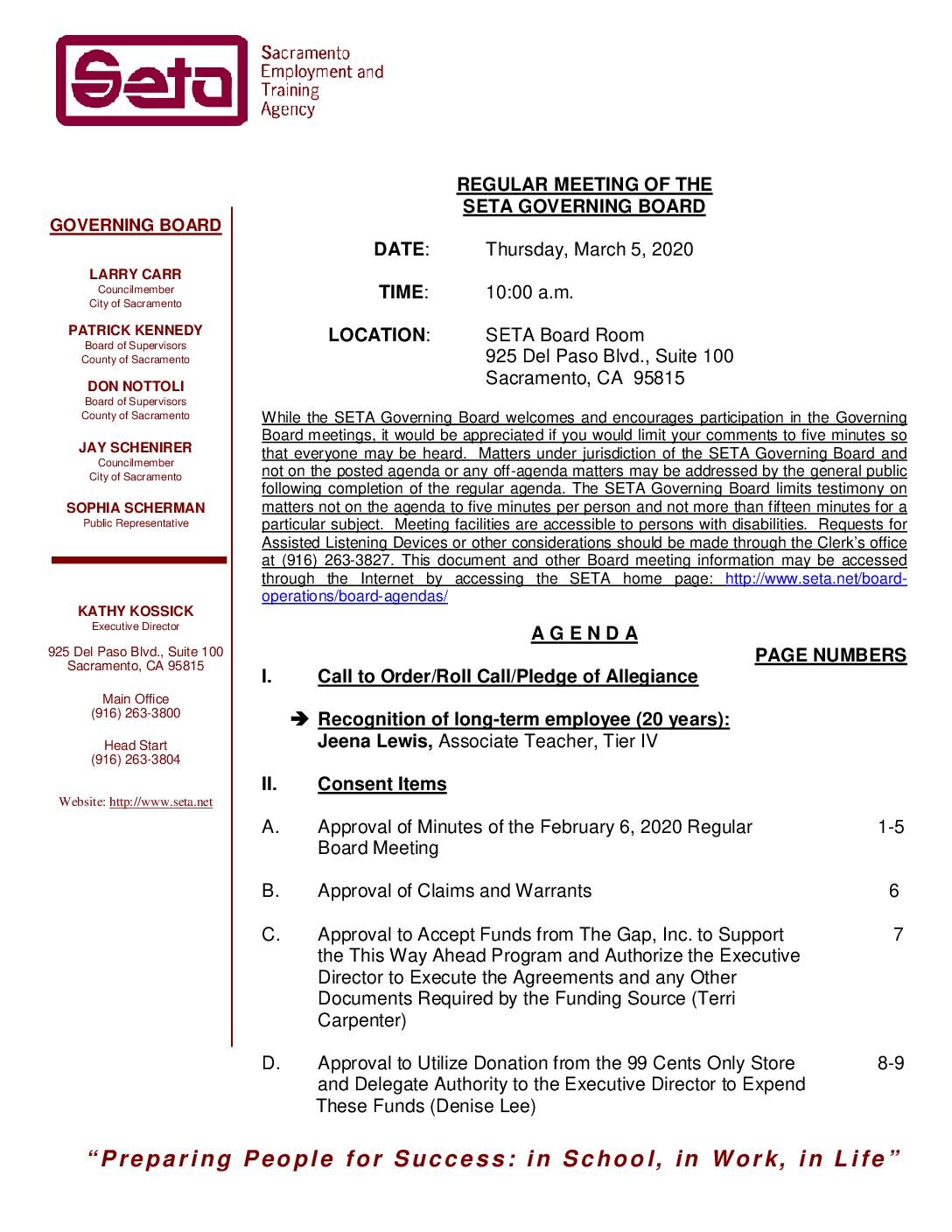 Regular SETA Governing Board 3/5/2020