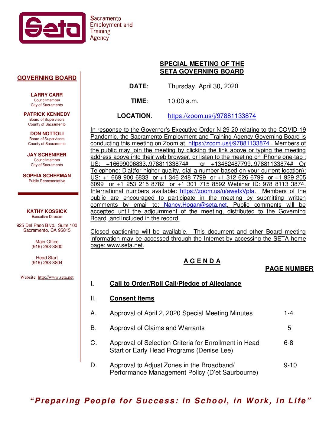 Special Meeting of the SETA Governing Board 4/30/2020