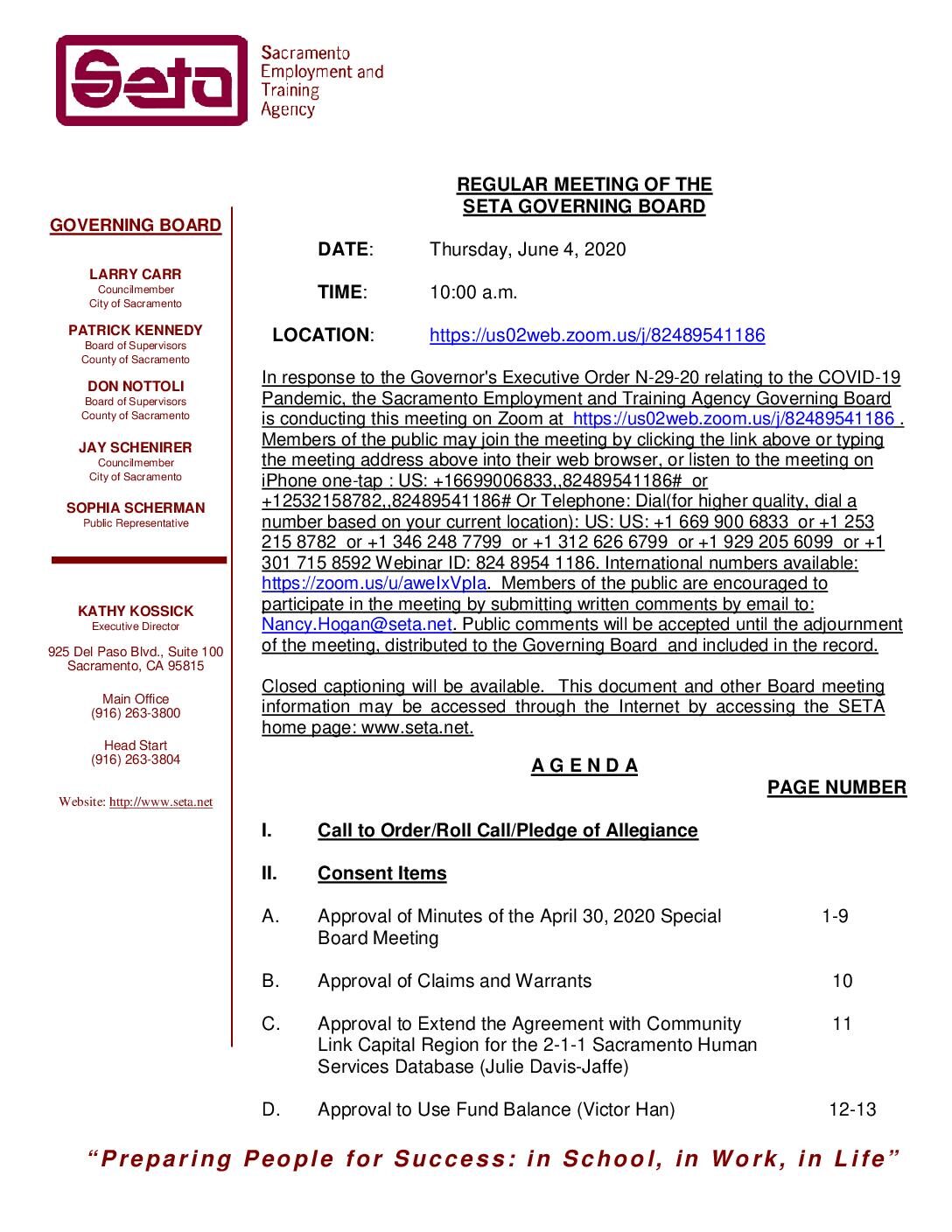 Regular Meeting of the SETA Governing Board 6/4/2020