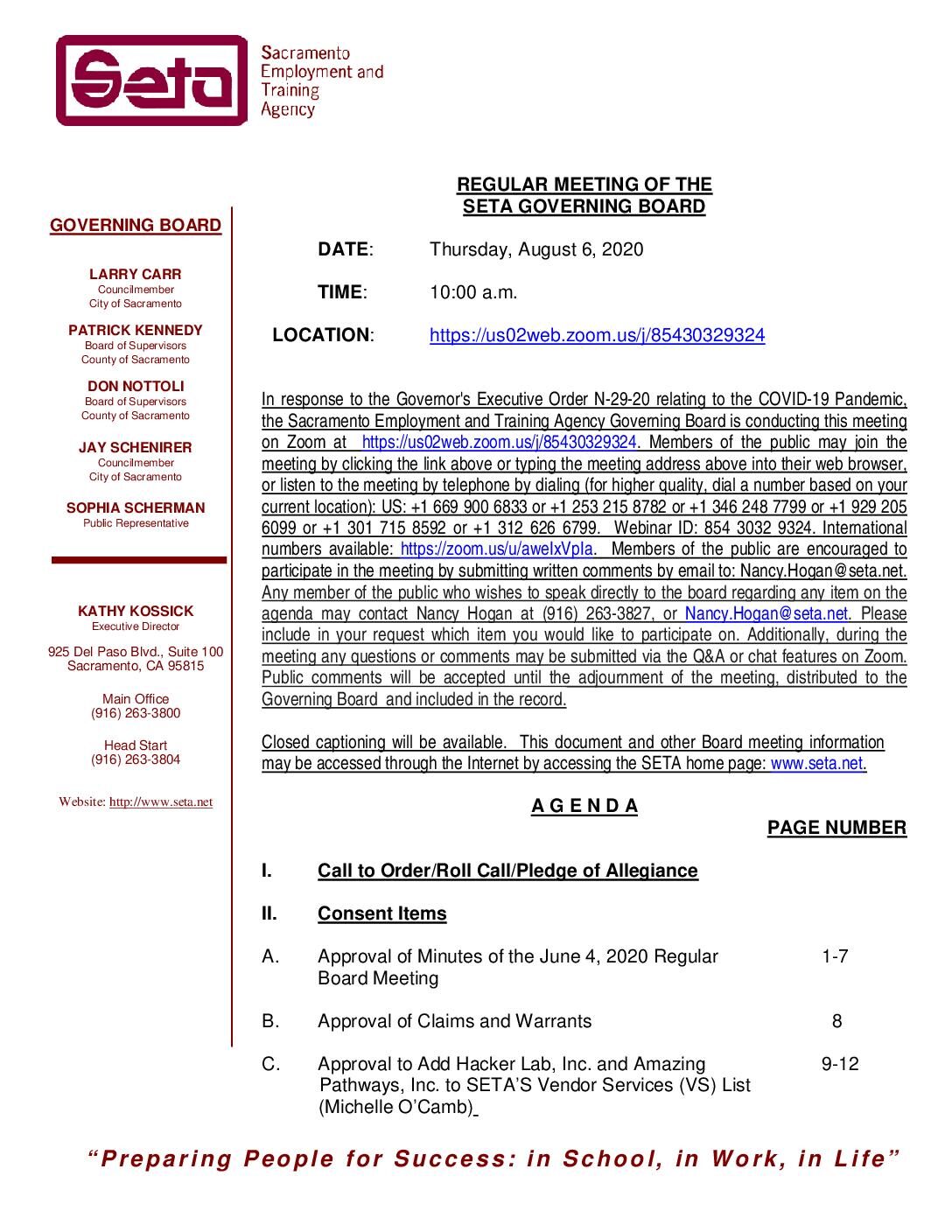 Regular Meeting of the SETA Governing Board 8/6/2020