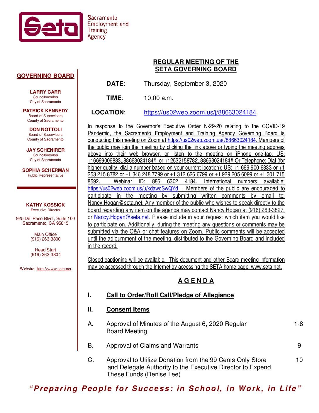 Regular Meeting of the SETA Governing Board 9/3/2020