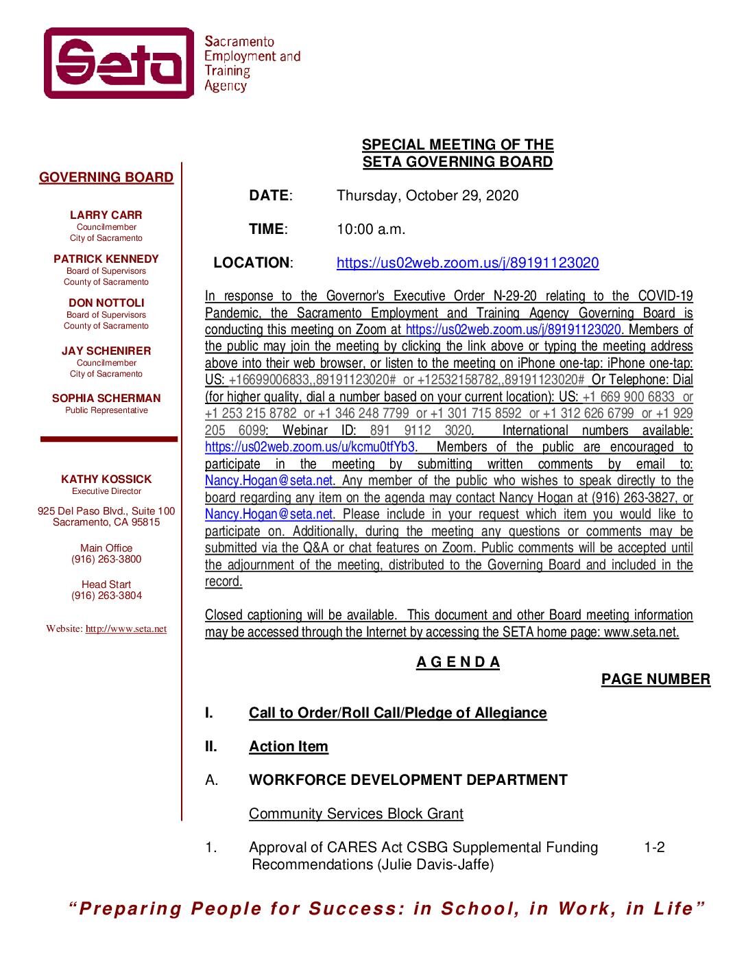 Special Meeting of the SETA Governing Board 10/29/2020