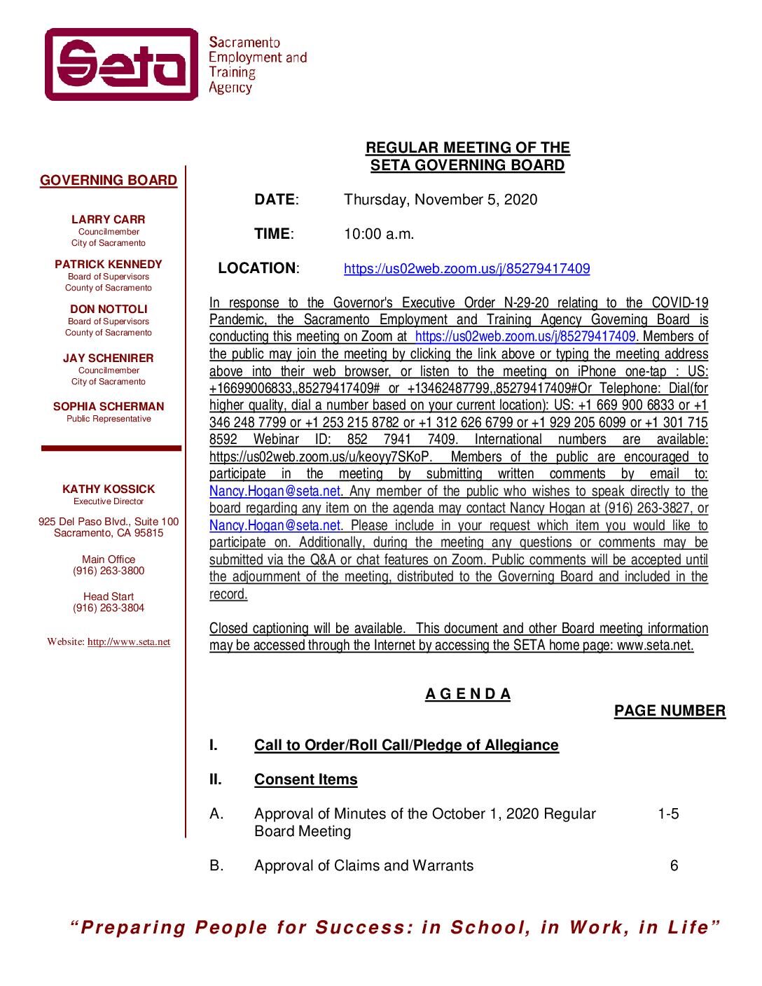 Regular Meeting of the SETA Governing Board 11/5/2020