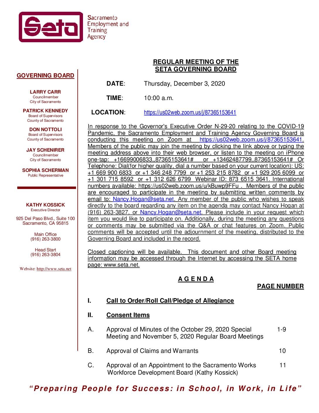 Regular Meeting of the SETA Governing Board 12/3/2020