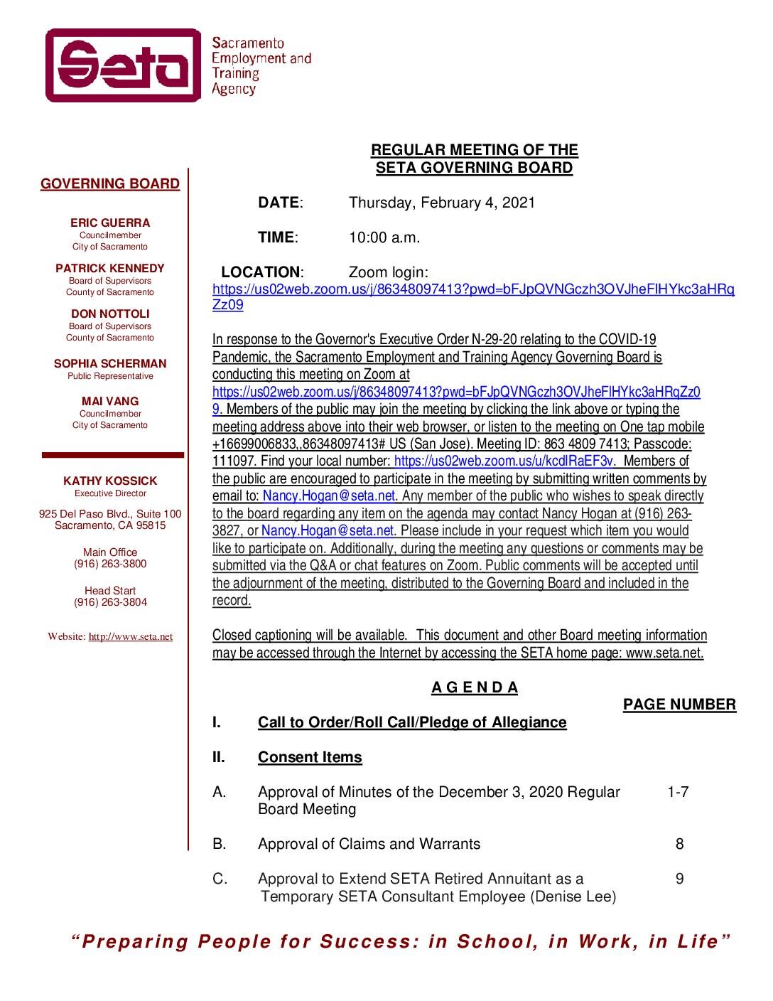 Regular Meeting of the SETA Governing Board 2/4/2021