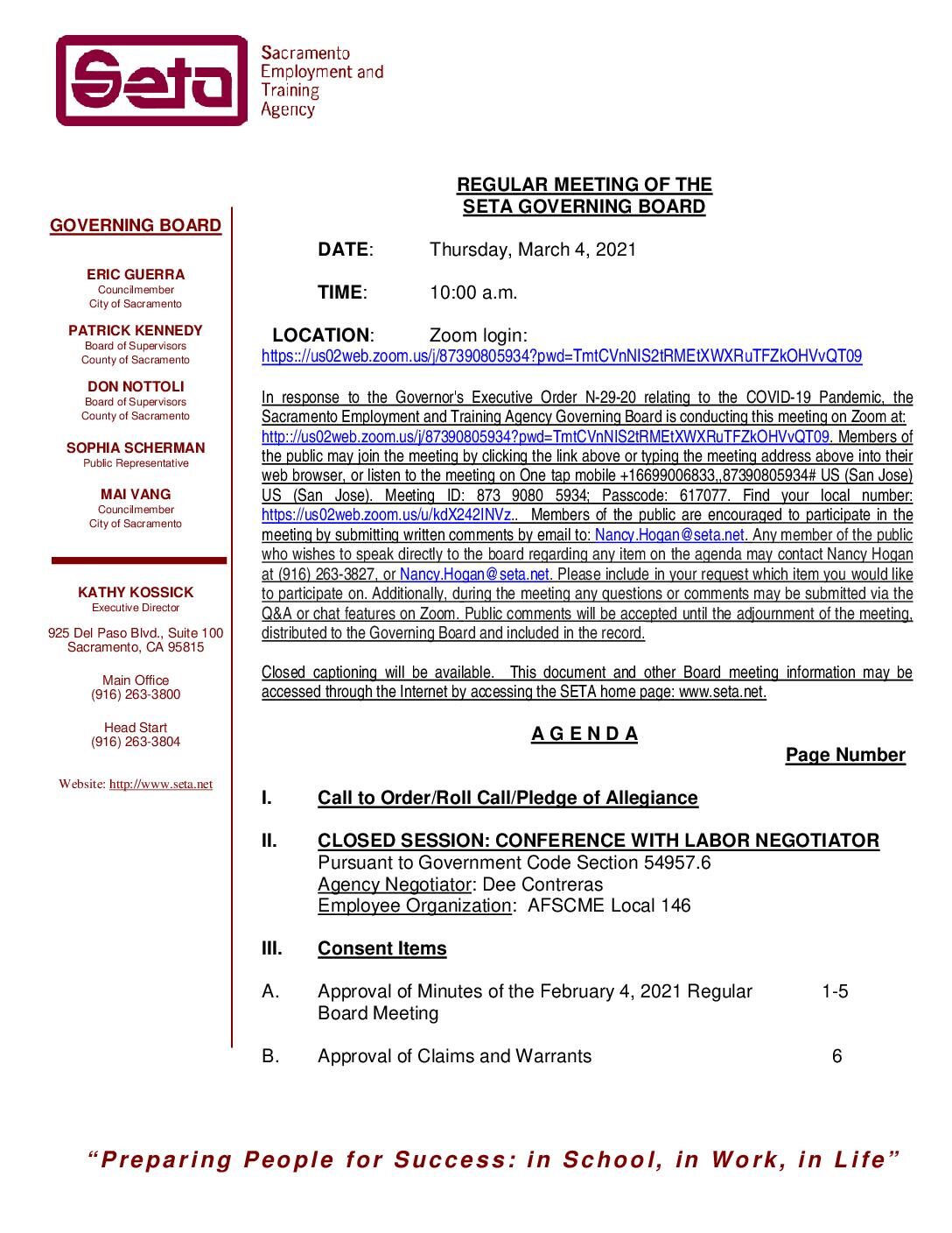 Regular Meeting of the SETA Governing Board 3/4/2021