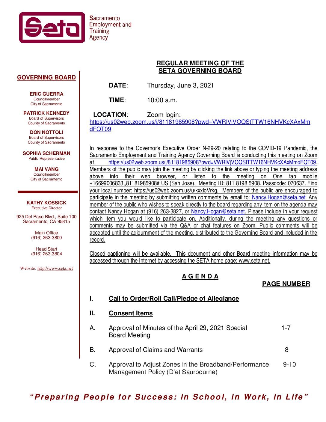 Regular Meeting of the SETA Governing Board 6/3/2021