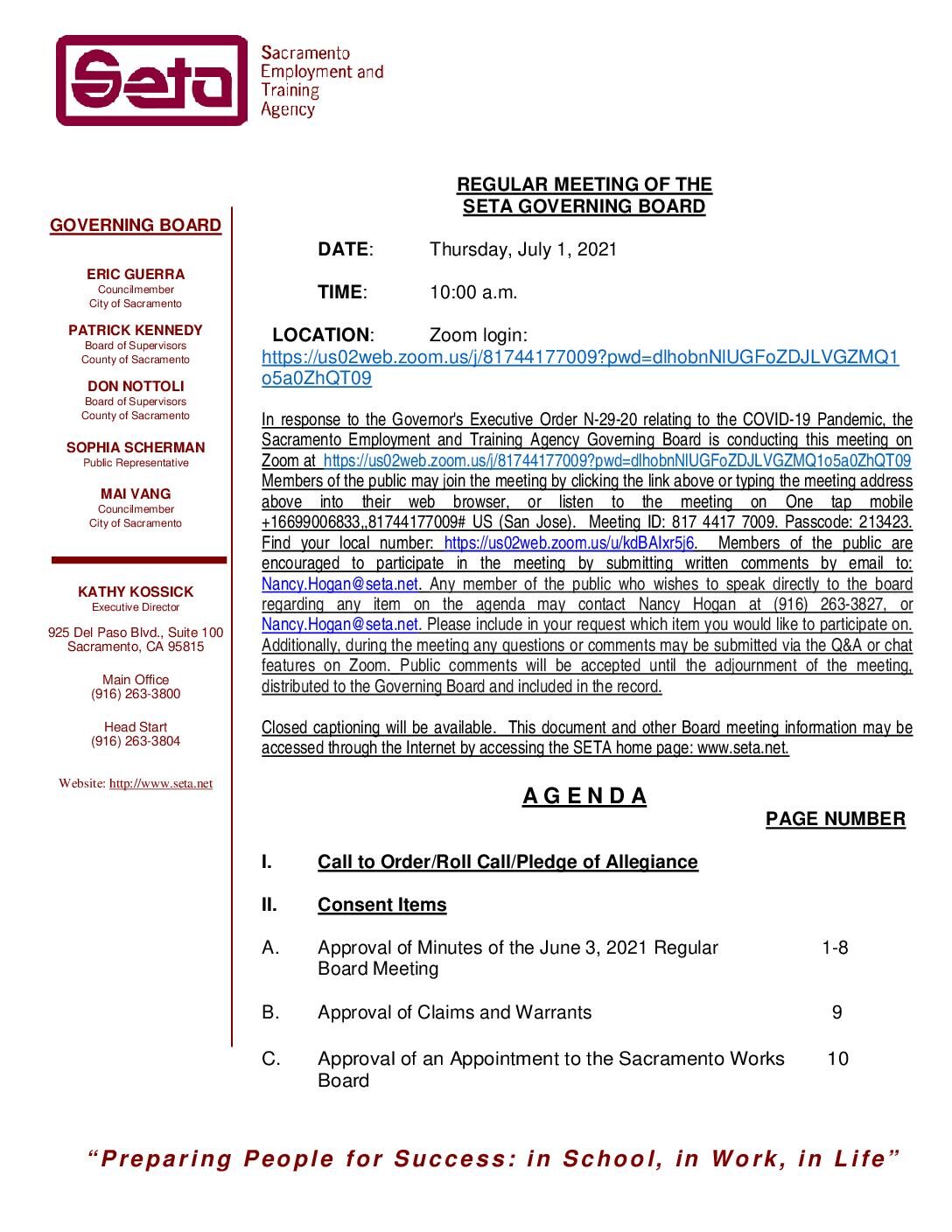 Regular Meeting of the SETA Governing Board 7/1/2021