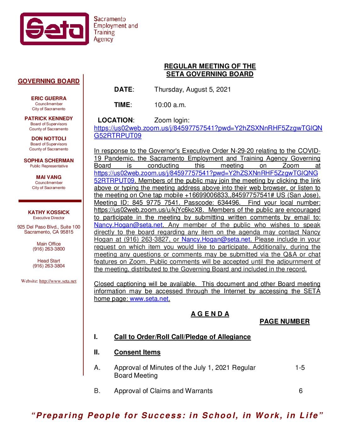 Regular Meeting of the SETA Governing Board 8/5/2021