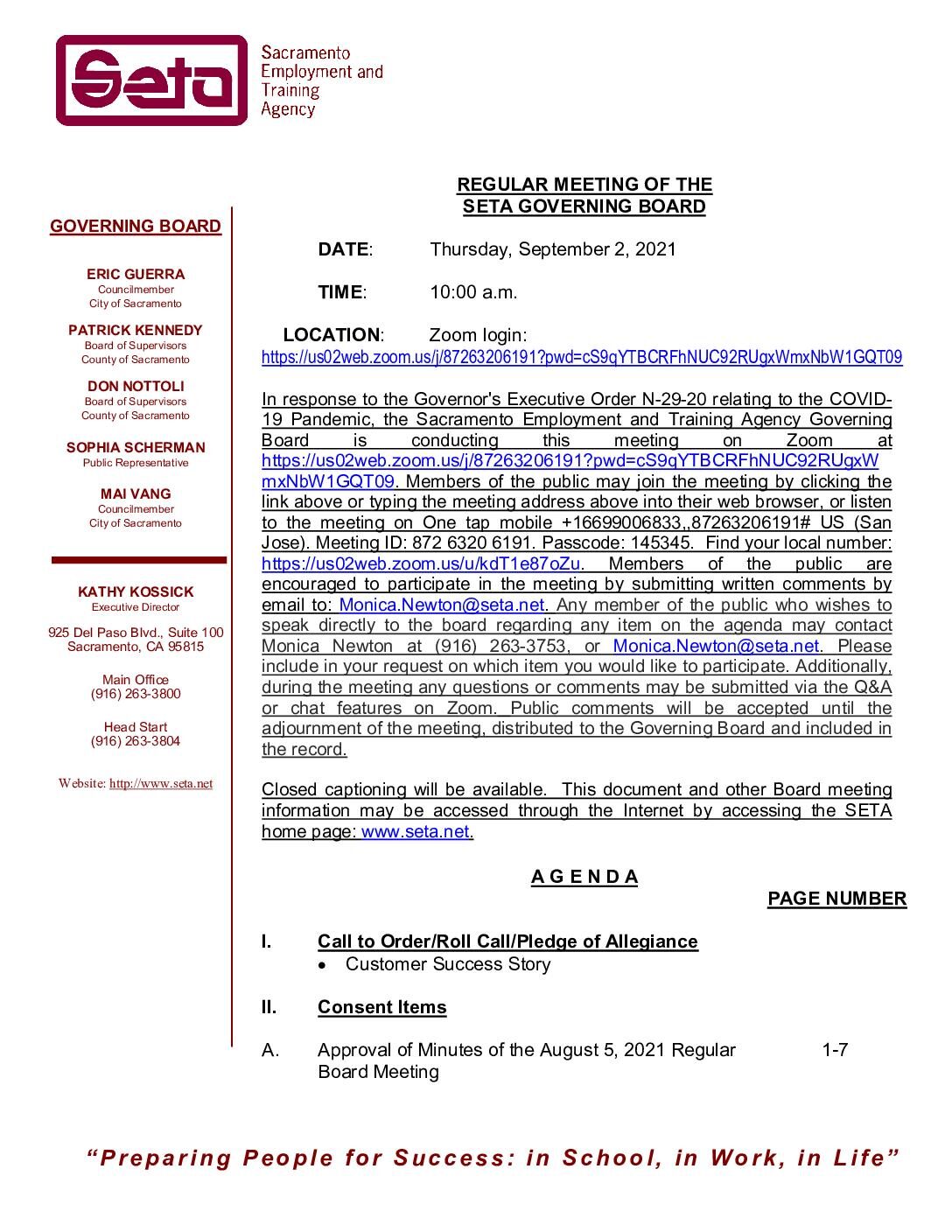 Regular Meeting of the SETA Governing Board 9/2/2021