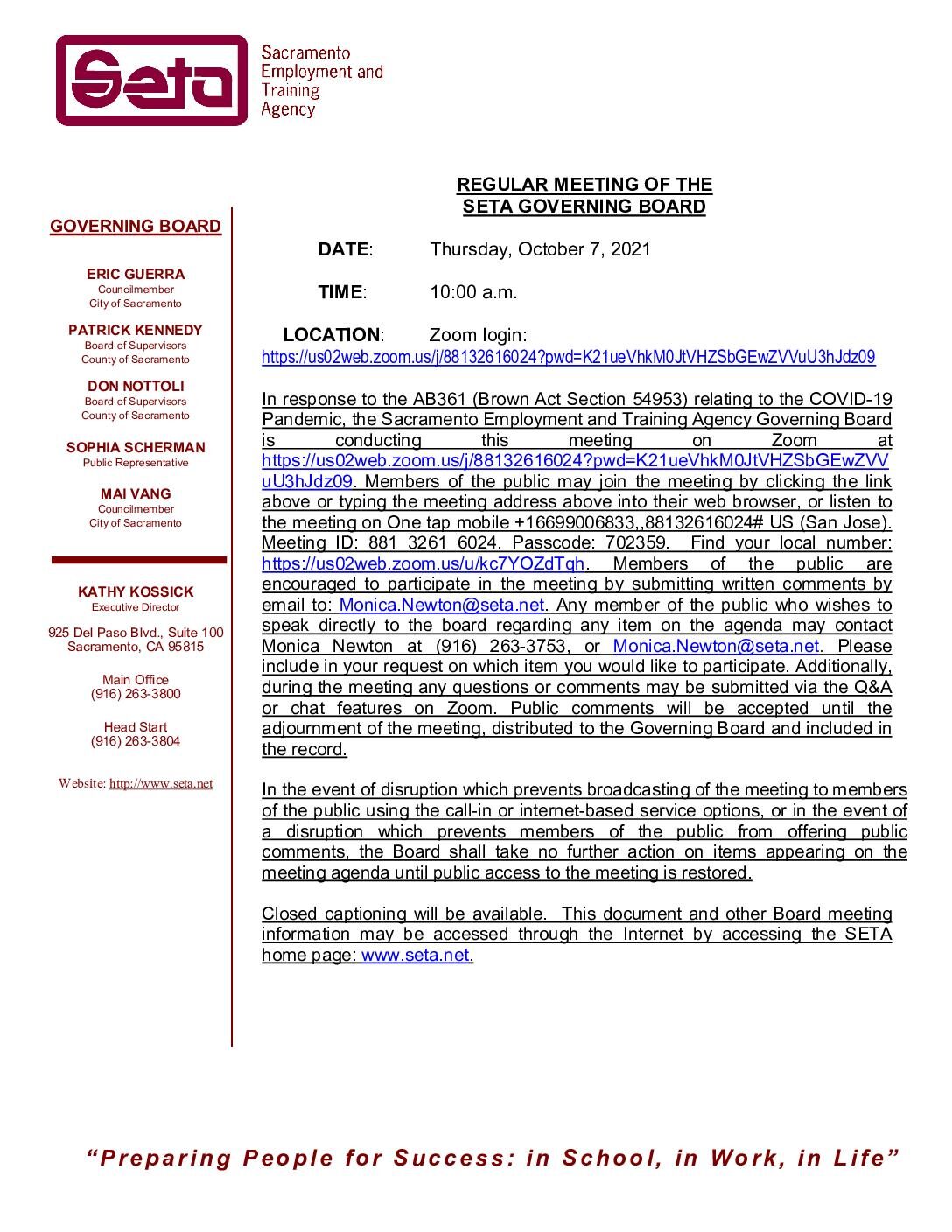 Regular Meeting of the SETA Governing Board 10/7/2021