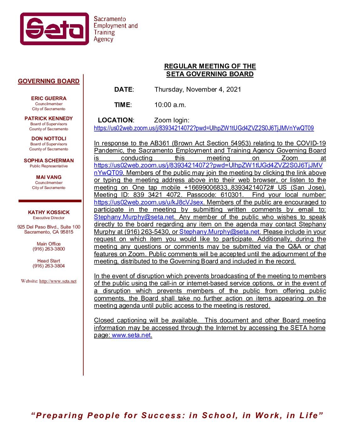 Regular Meeting of the SETA Governing Board 11/4/2021