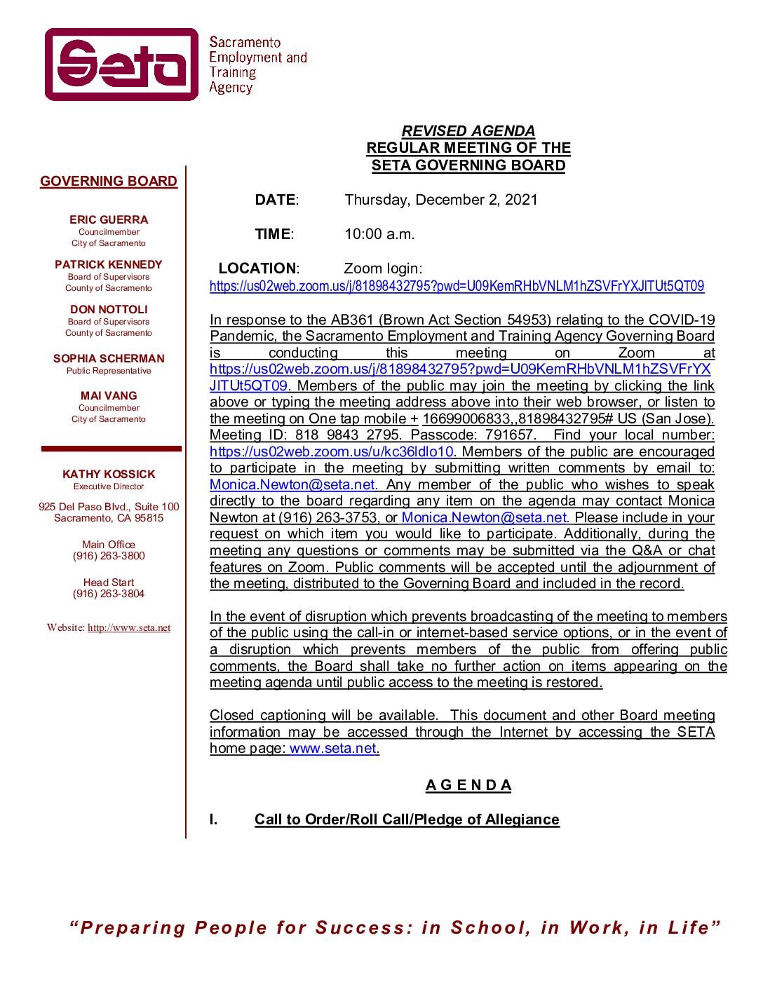 Regular Meeting of the SETA Governing Board 12/2/2021