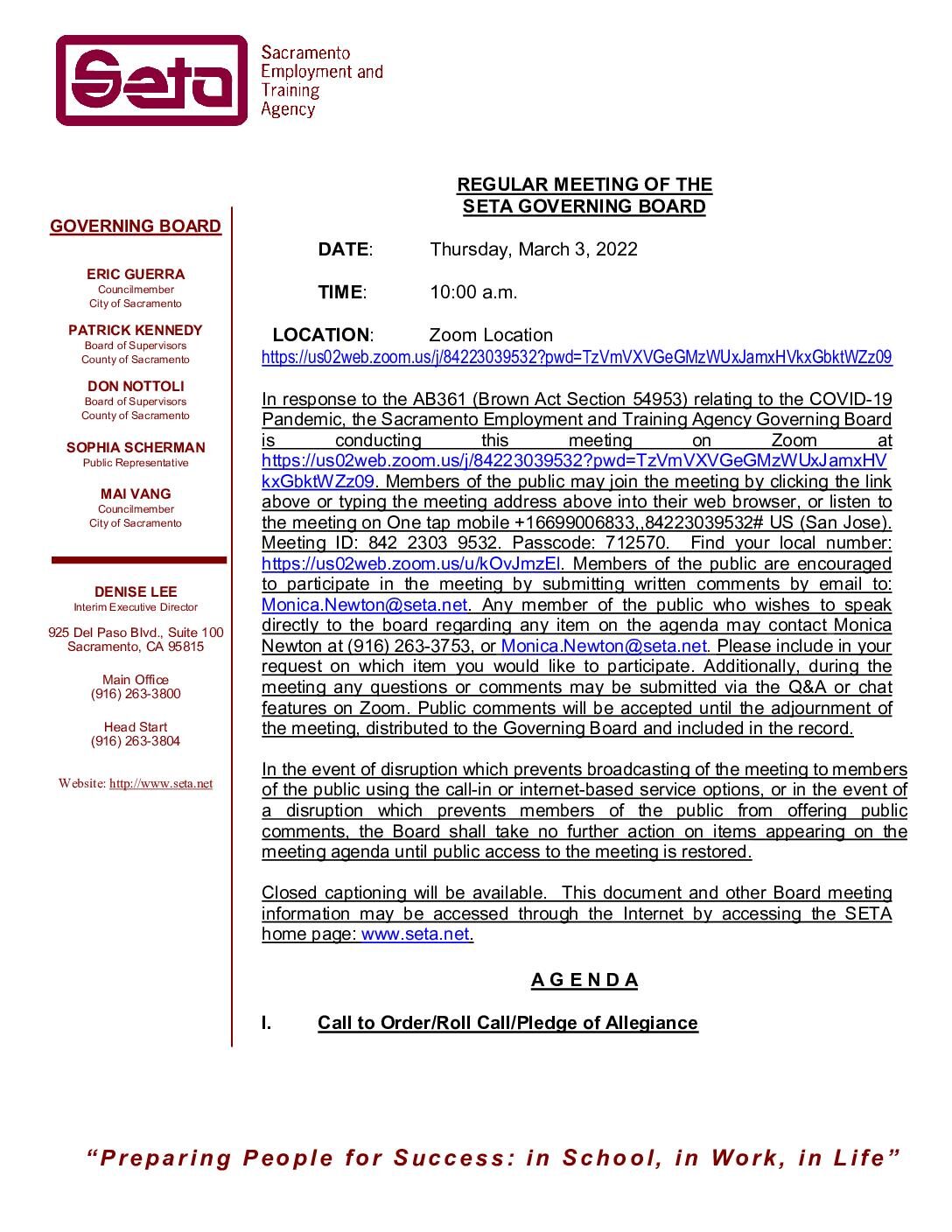 Regular Meeting of the SETA Governing Board 3/3/2022