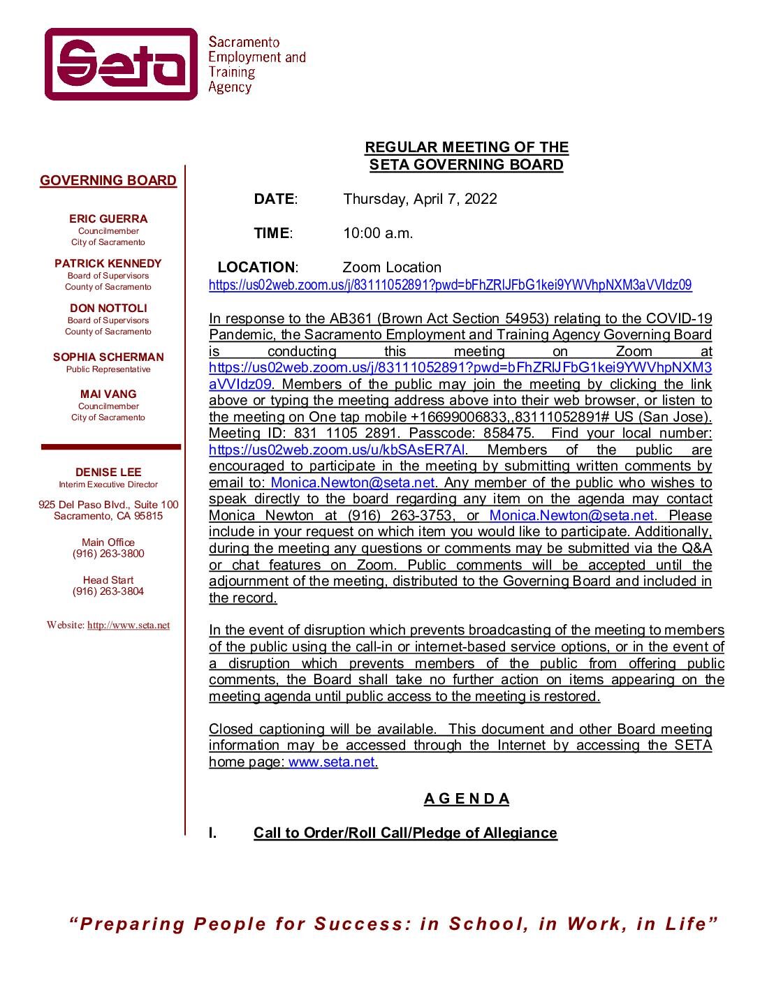 Regular Meeting of the SETA Governing Board 4/7/2022