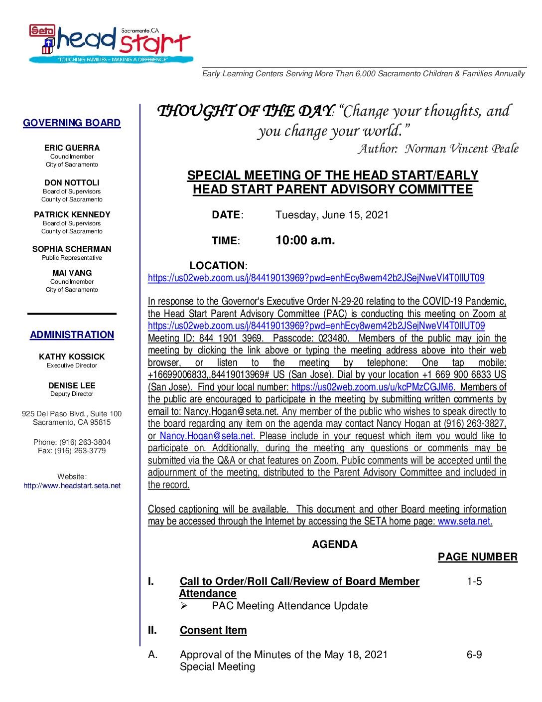 Head Start/Early Head Start Parent Advisory Committee 6/15/2021