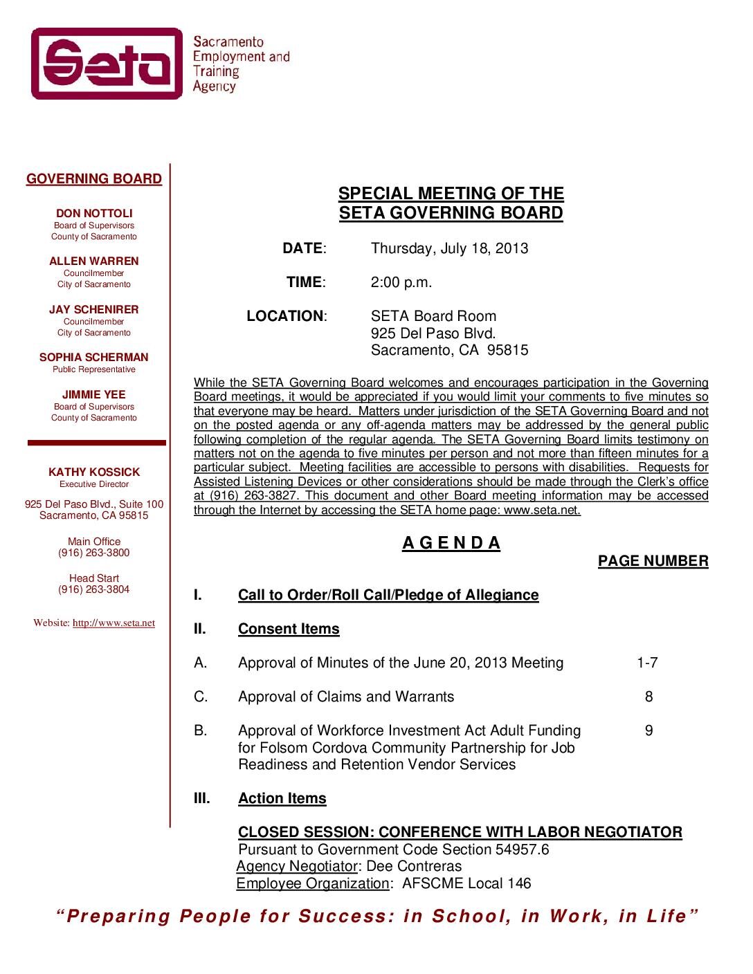 Special Governing Board 7/18/13