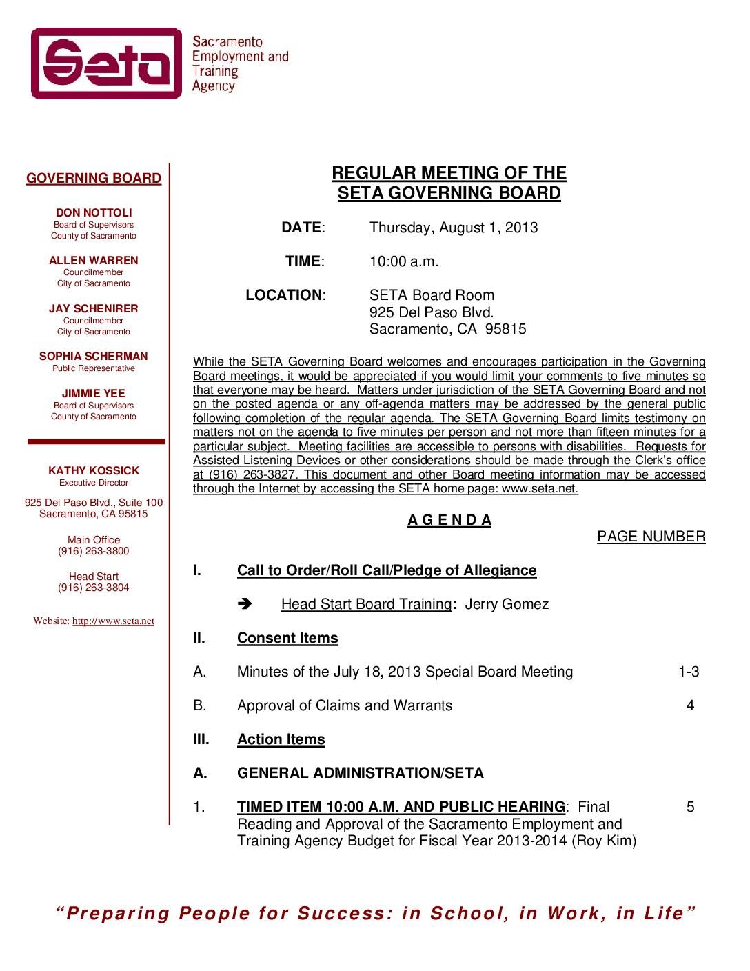 Regular Governing Board 8/1/13