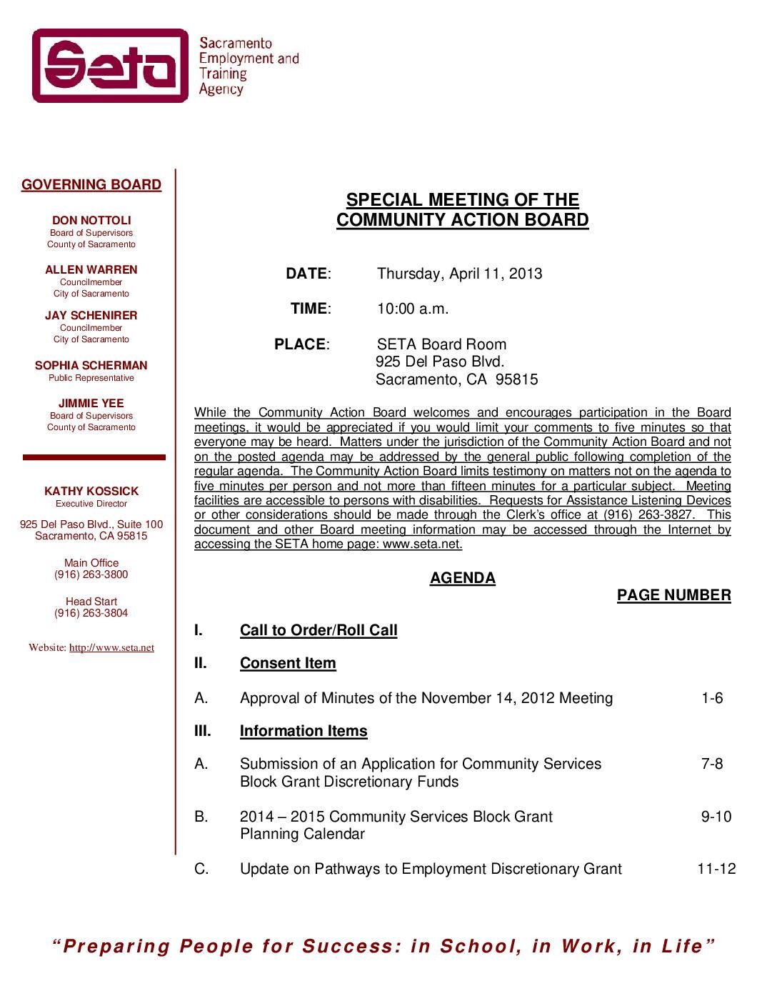 Community Action Board Meeting April 11, 2013