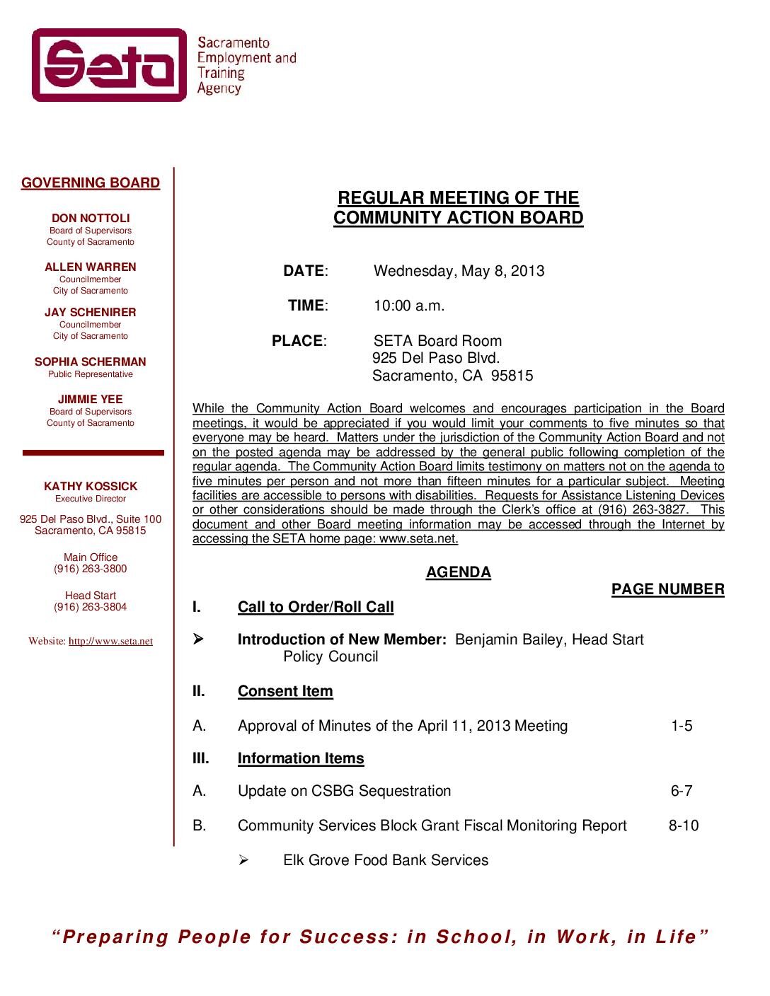 Community Action Board Meeting for May 8, 2013