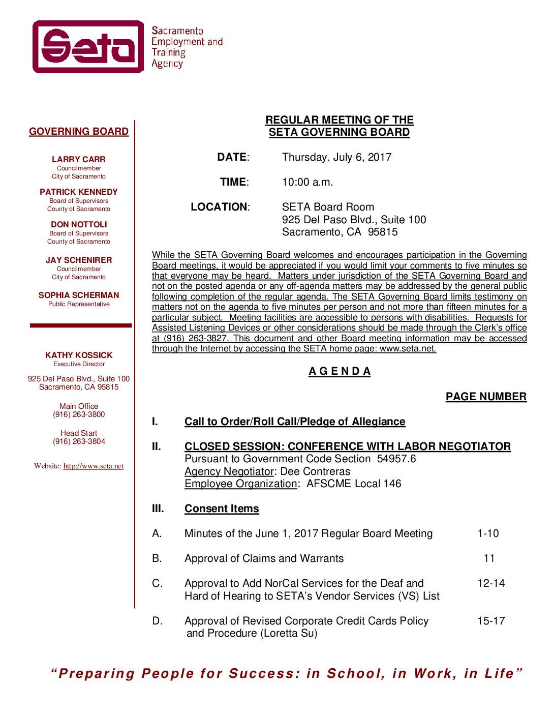 Regular SETA Governing Board 7/6/17