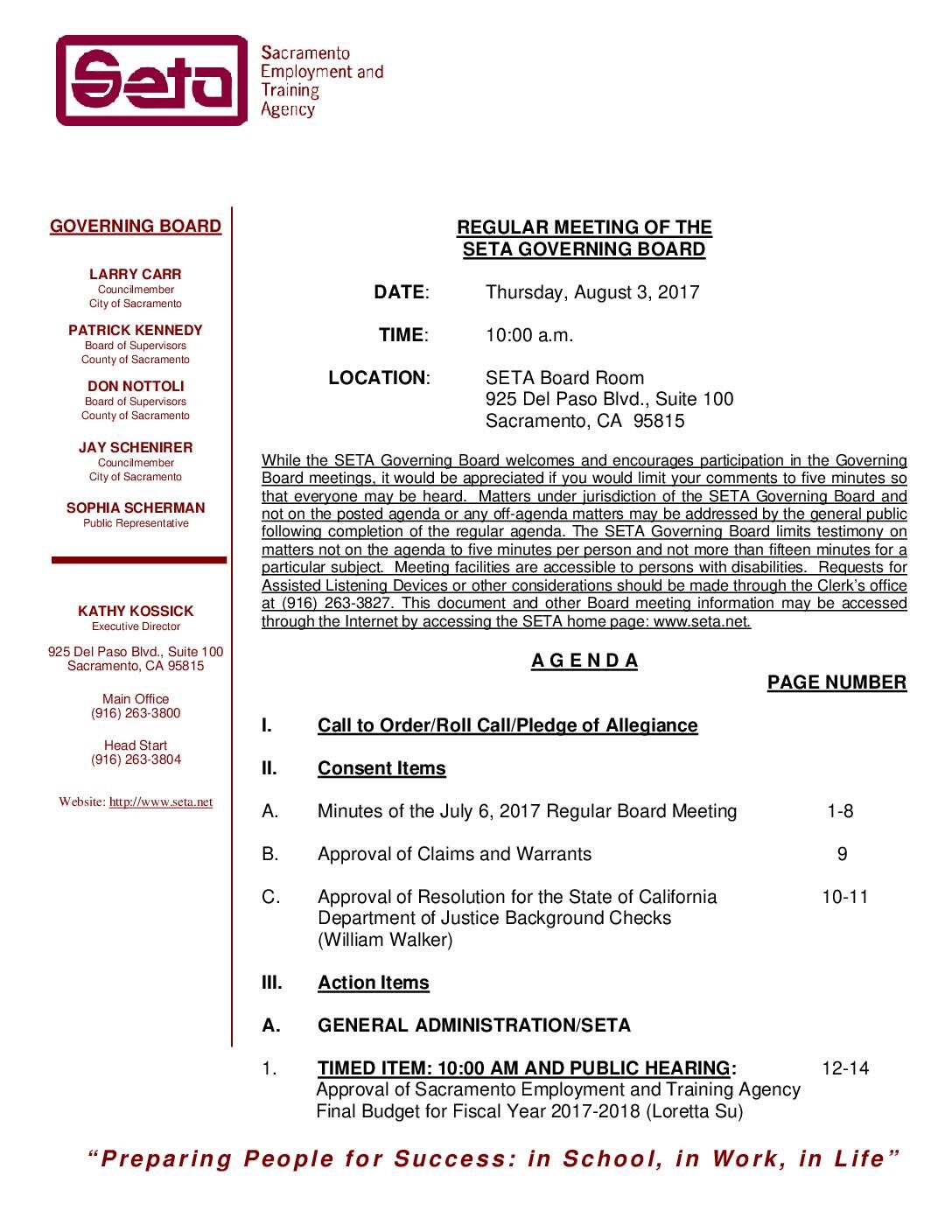Regular SETA Governing Board 8/3/17