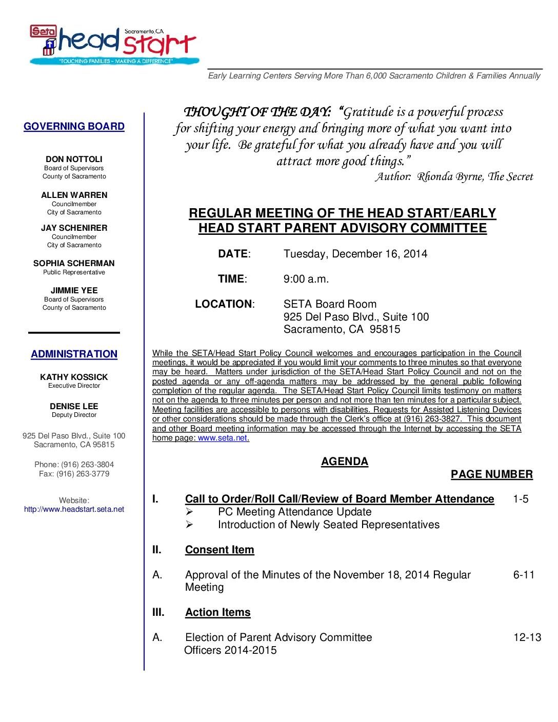 Head Start/Early Head Start Parent Advisory Committee 12/16/14