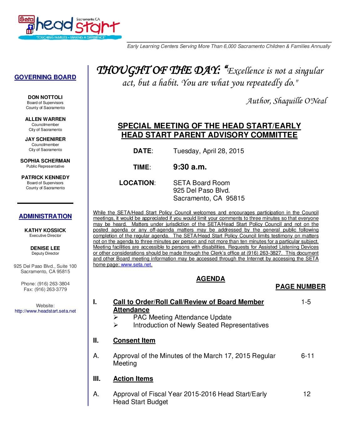 Special Head Start/Early Head Start Parent Advisory Committee 4/28/15