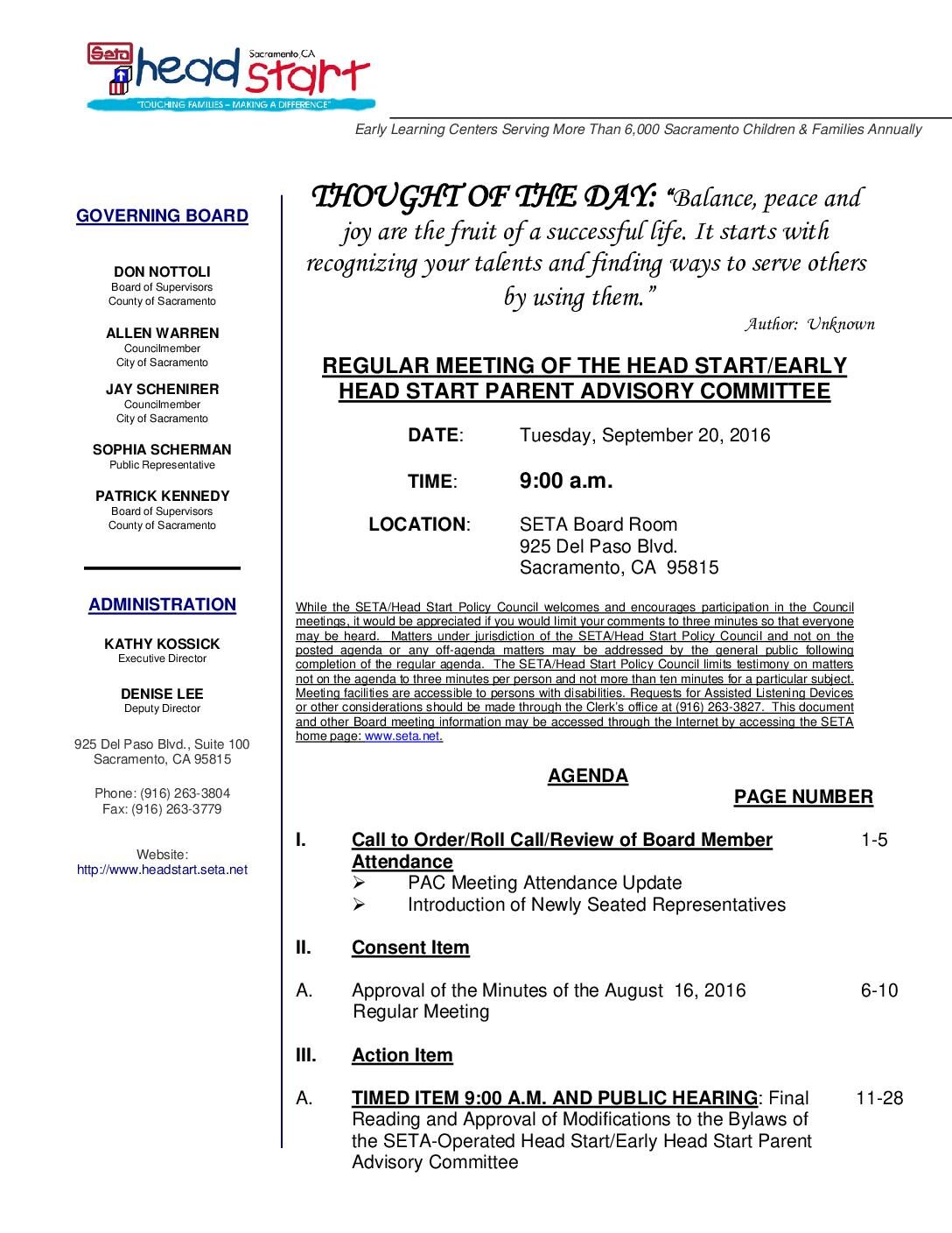 Head Start/Early Head Start Parent Advisory Committee 9/20/16