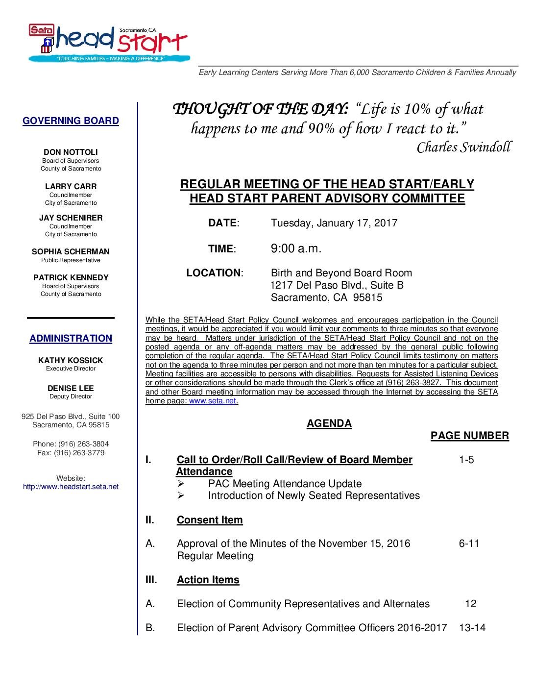 Head Start/Early Head Start Parent Advisory Committee 1/17/17