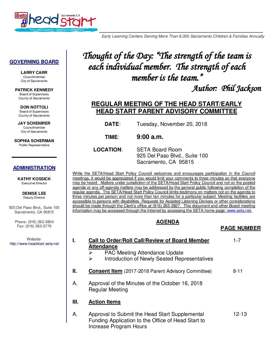 Head Start/Early Head Start Parent Advisory Committee 11/20/18