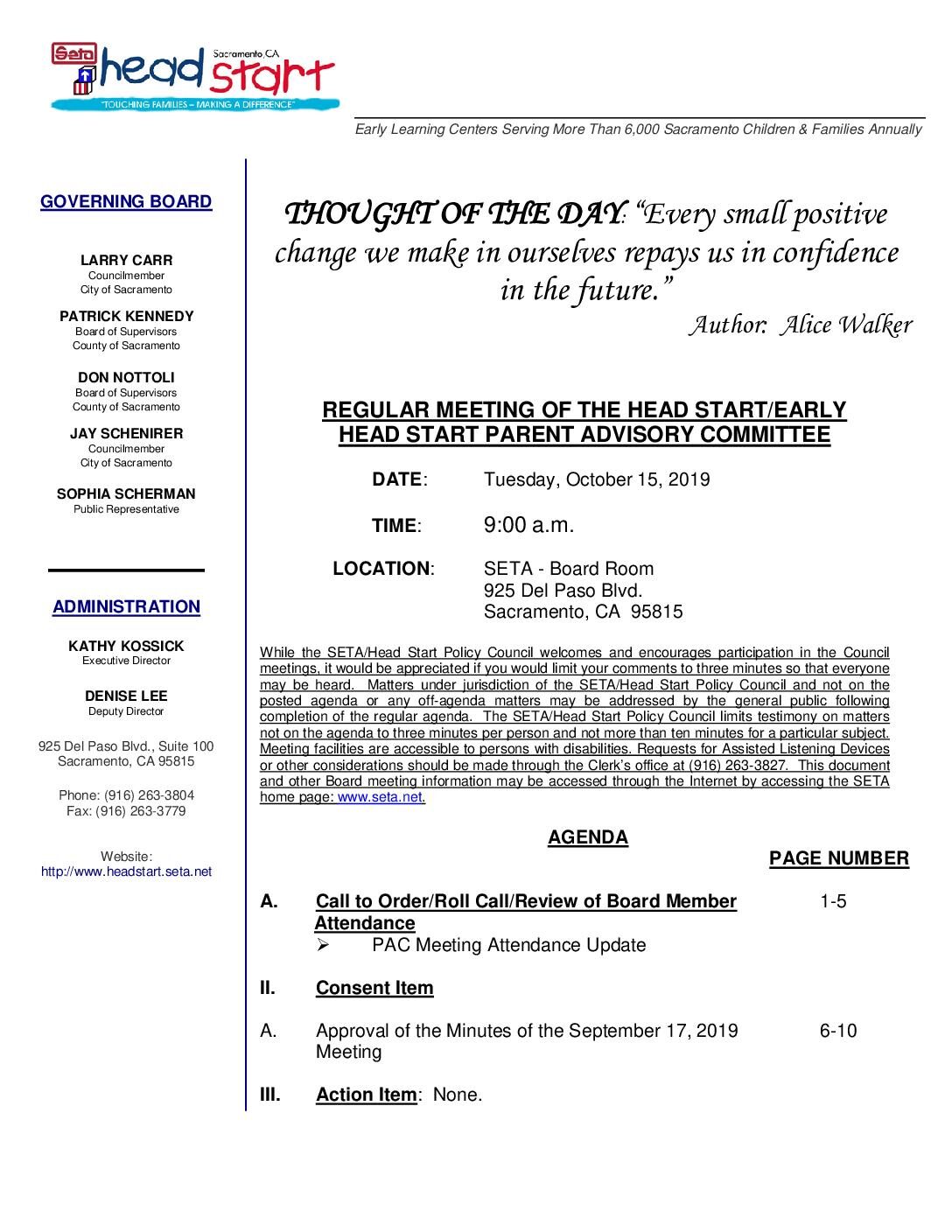 Head Start/Early Head Start Parent Advisory Committee 10/15/19