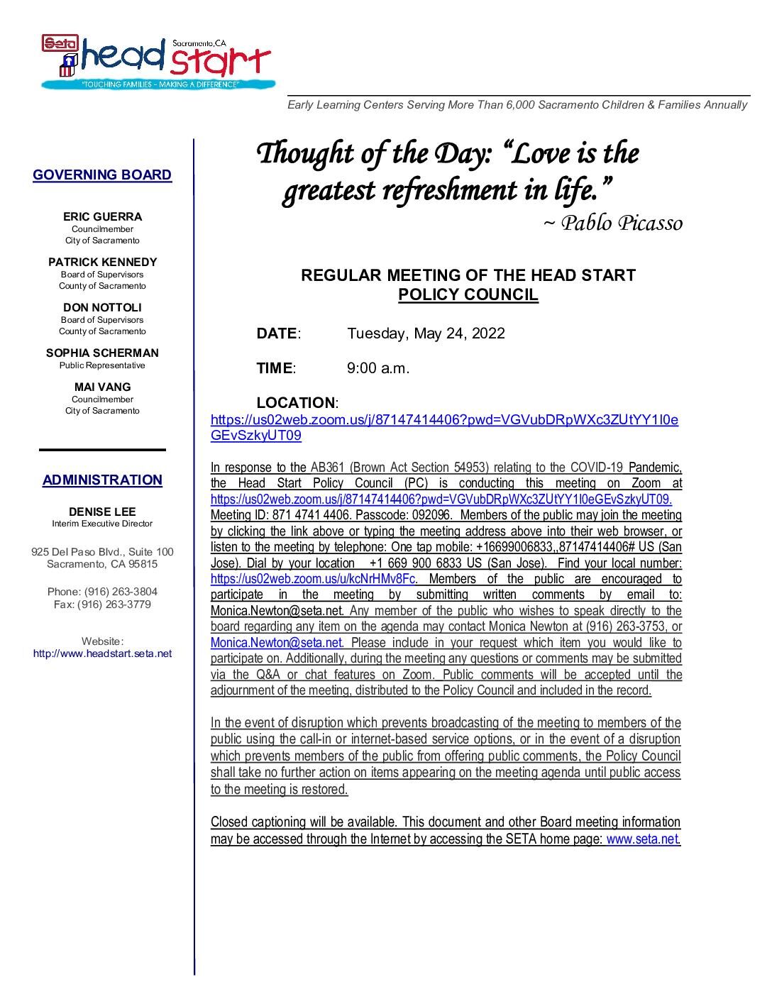 Head Start/Early Head Start Policy Council 05/24/2022