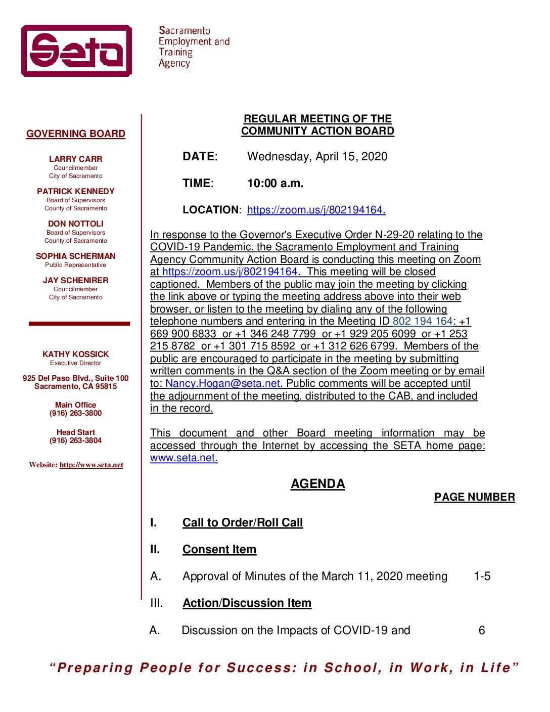 Special Meeting of the Community Action Board 4/15/2020