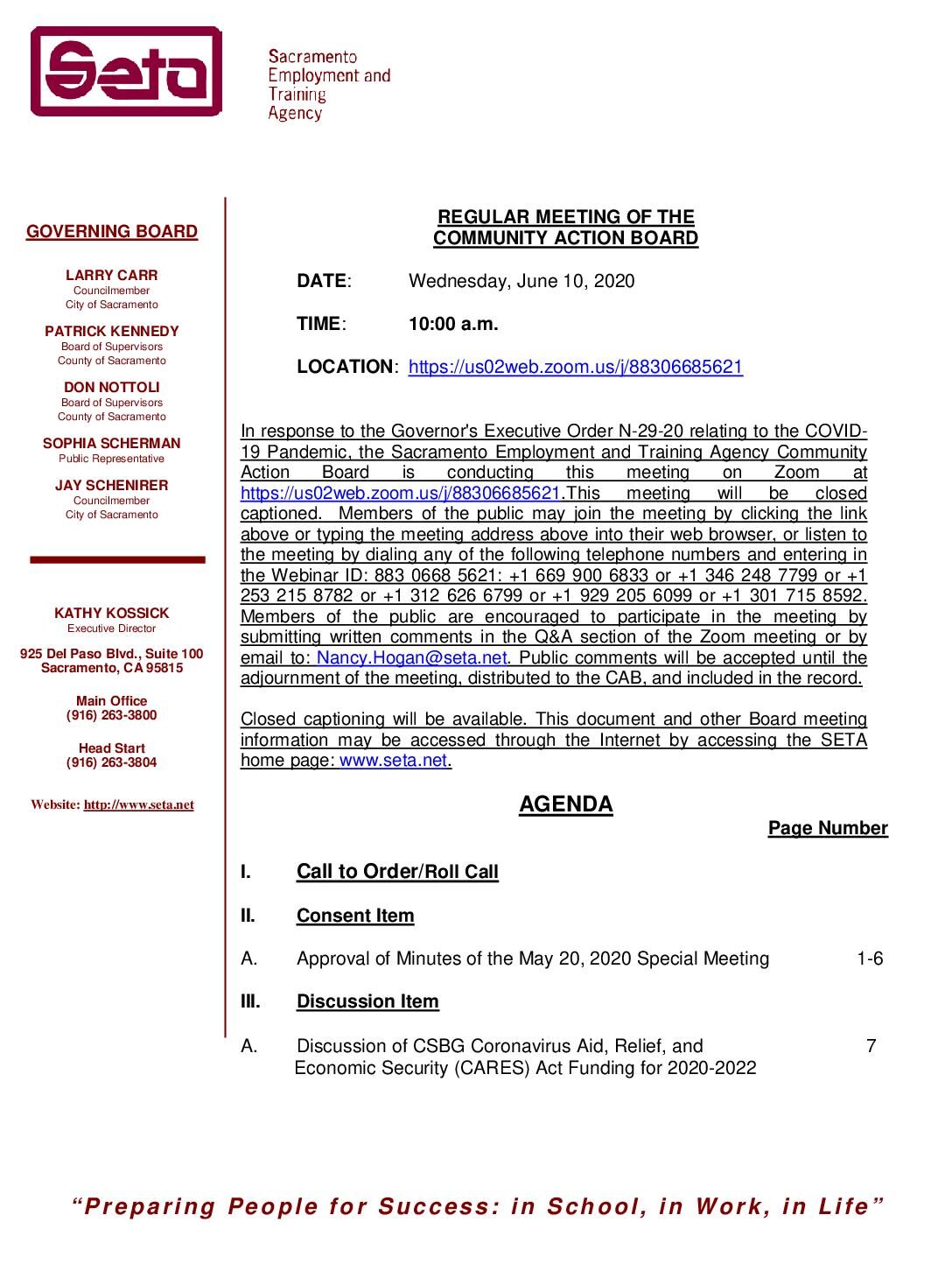 Regular Meeting of the Community Action Board 6/10/2020