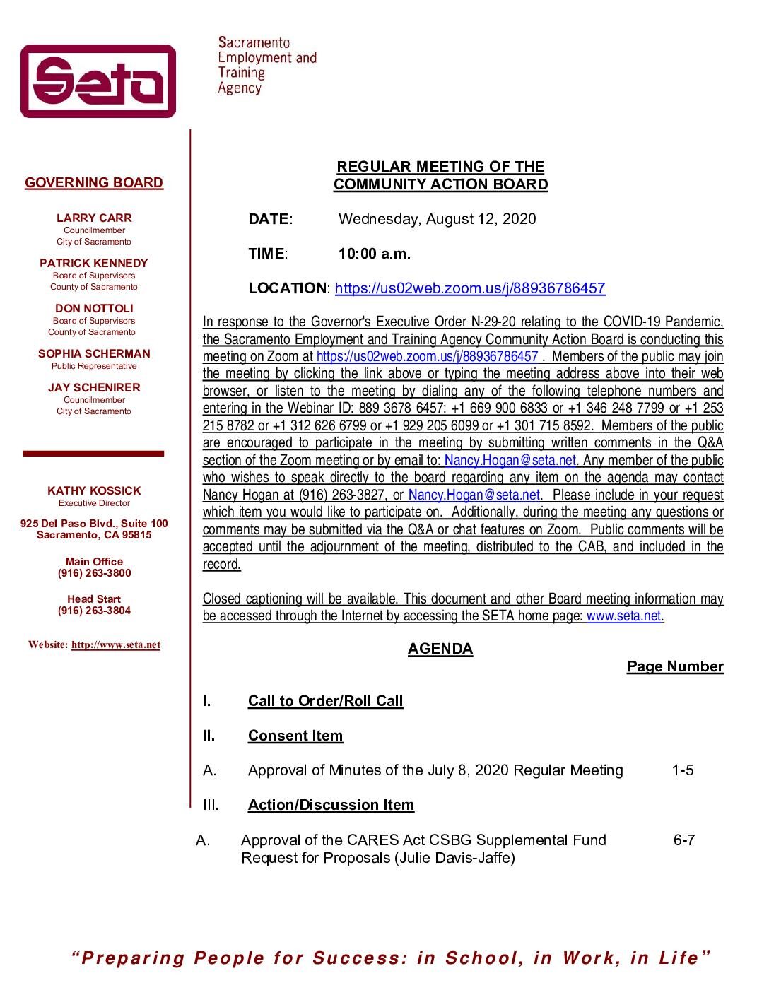 Regular Meeting of the Community Action Board 8/12/2020