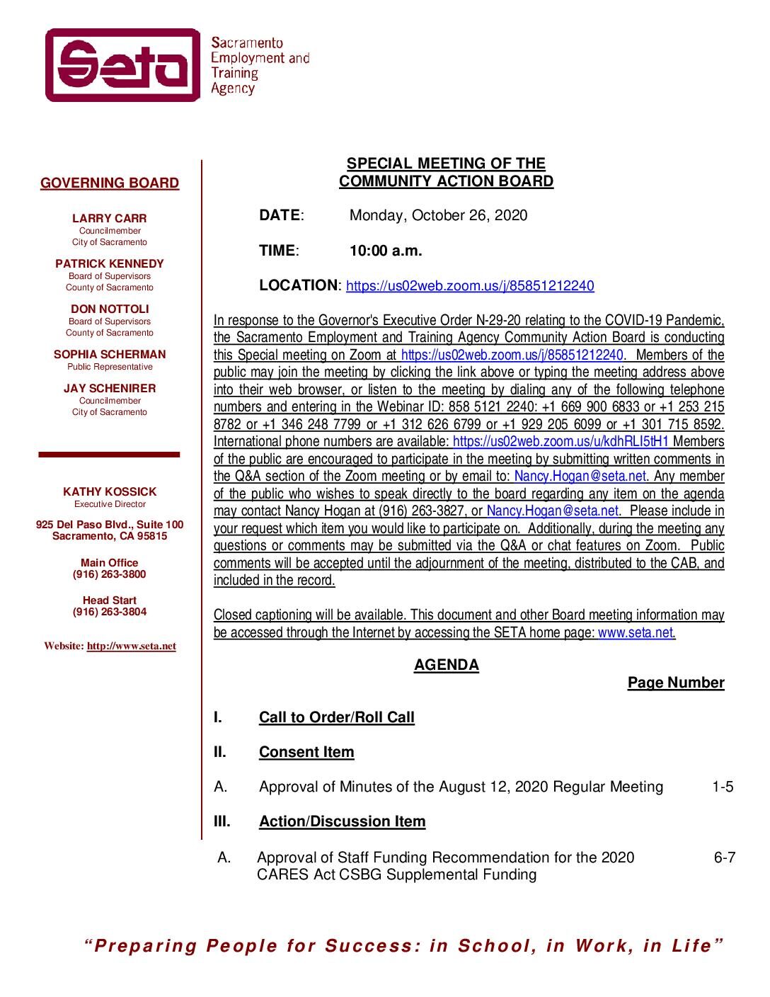 Special Meeting of the Community Action Board 10/26/2020