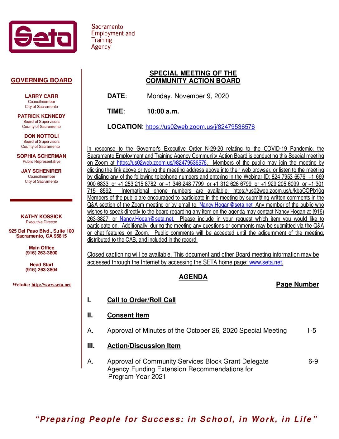 Special Meeting of the Community Action Board 11/9/2020