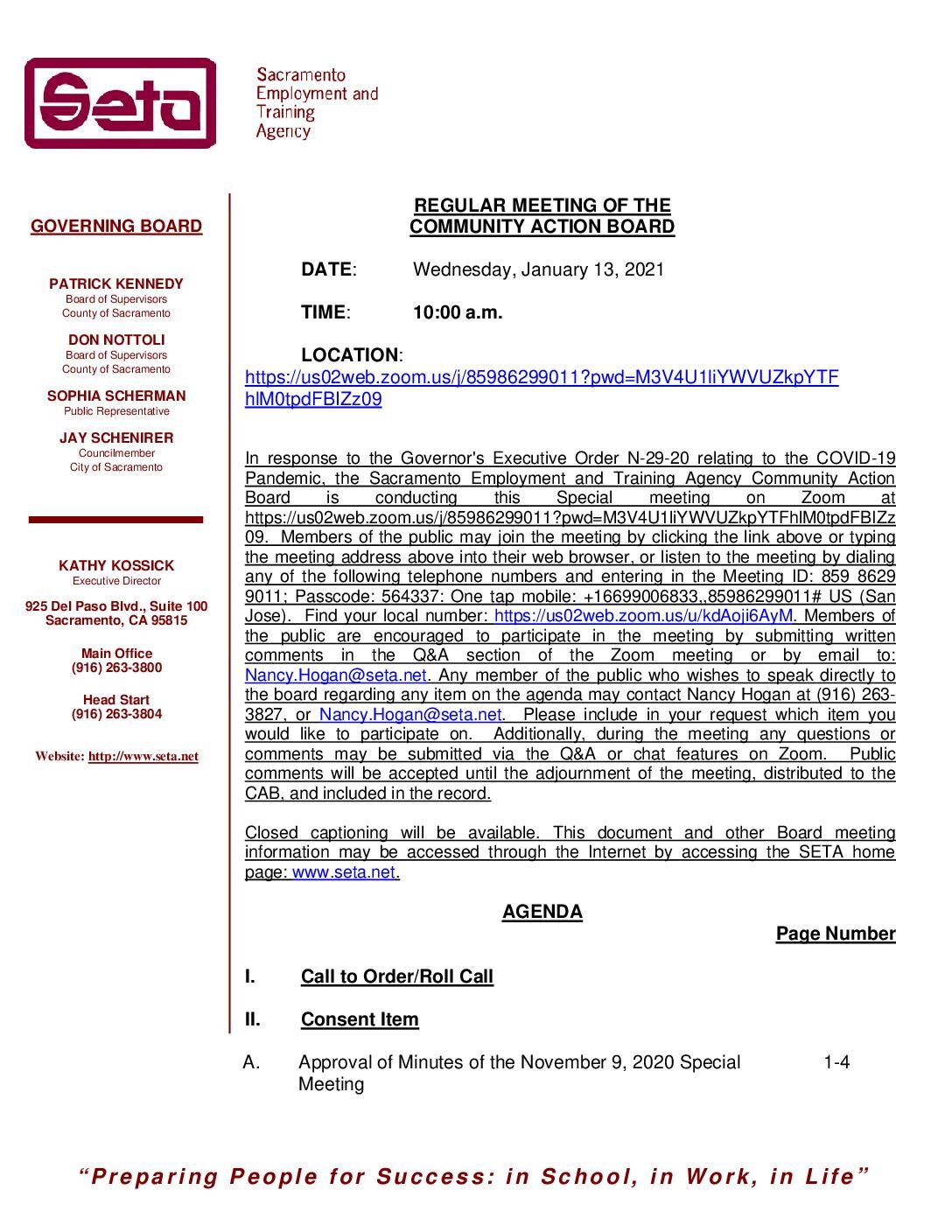 Regular Meeting of the Community Action Board 1/13/2021