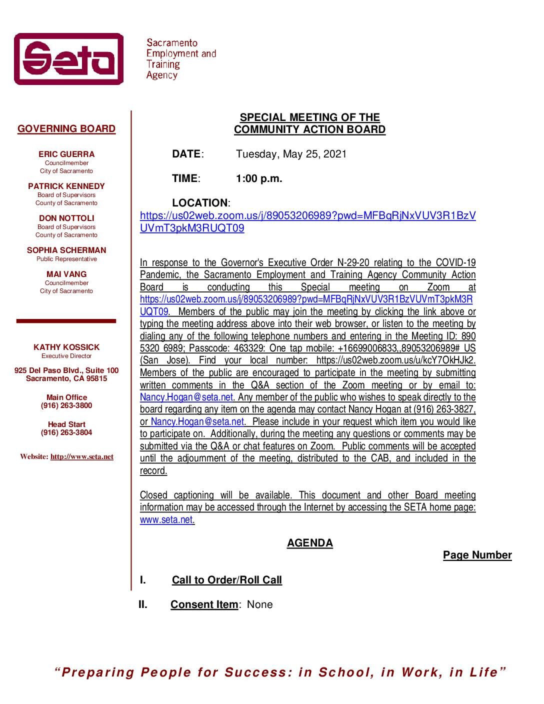 Special Meeting of the Community Action Board 5/25/2021