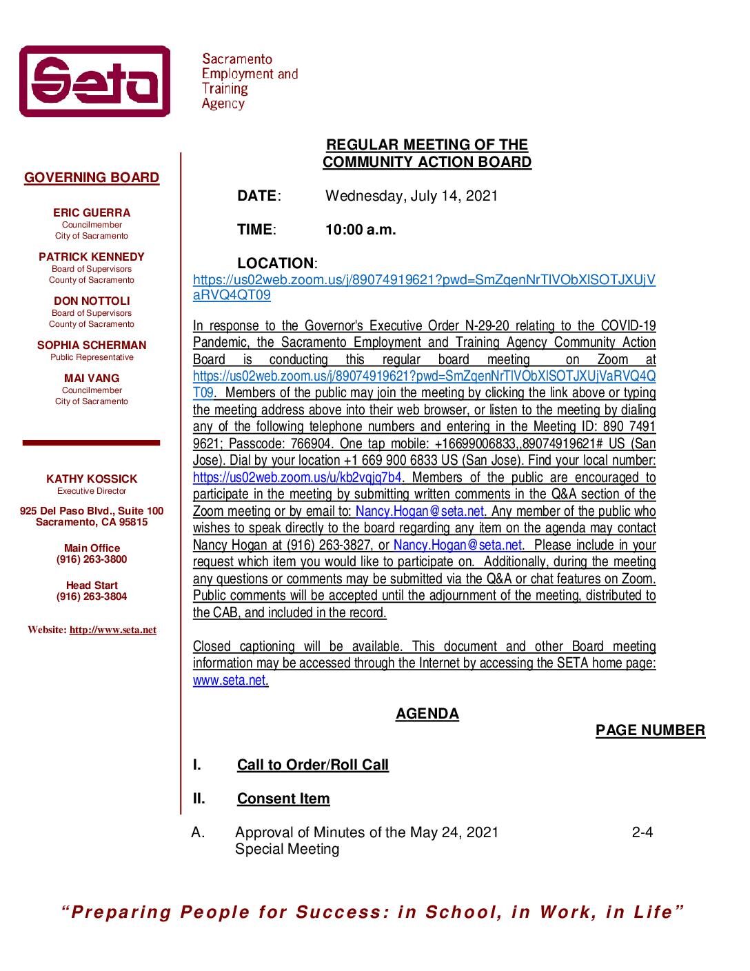 Regular Meeting of the Community Action Board 7/14/2021