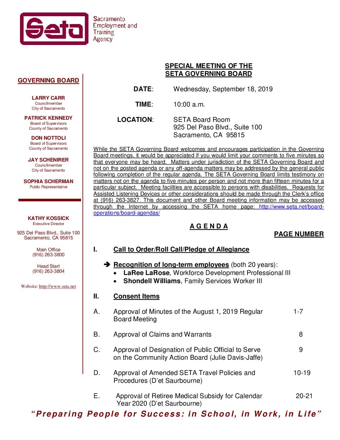 Special SETA Governing Board 9/18/19