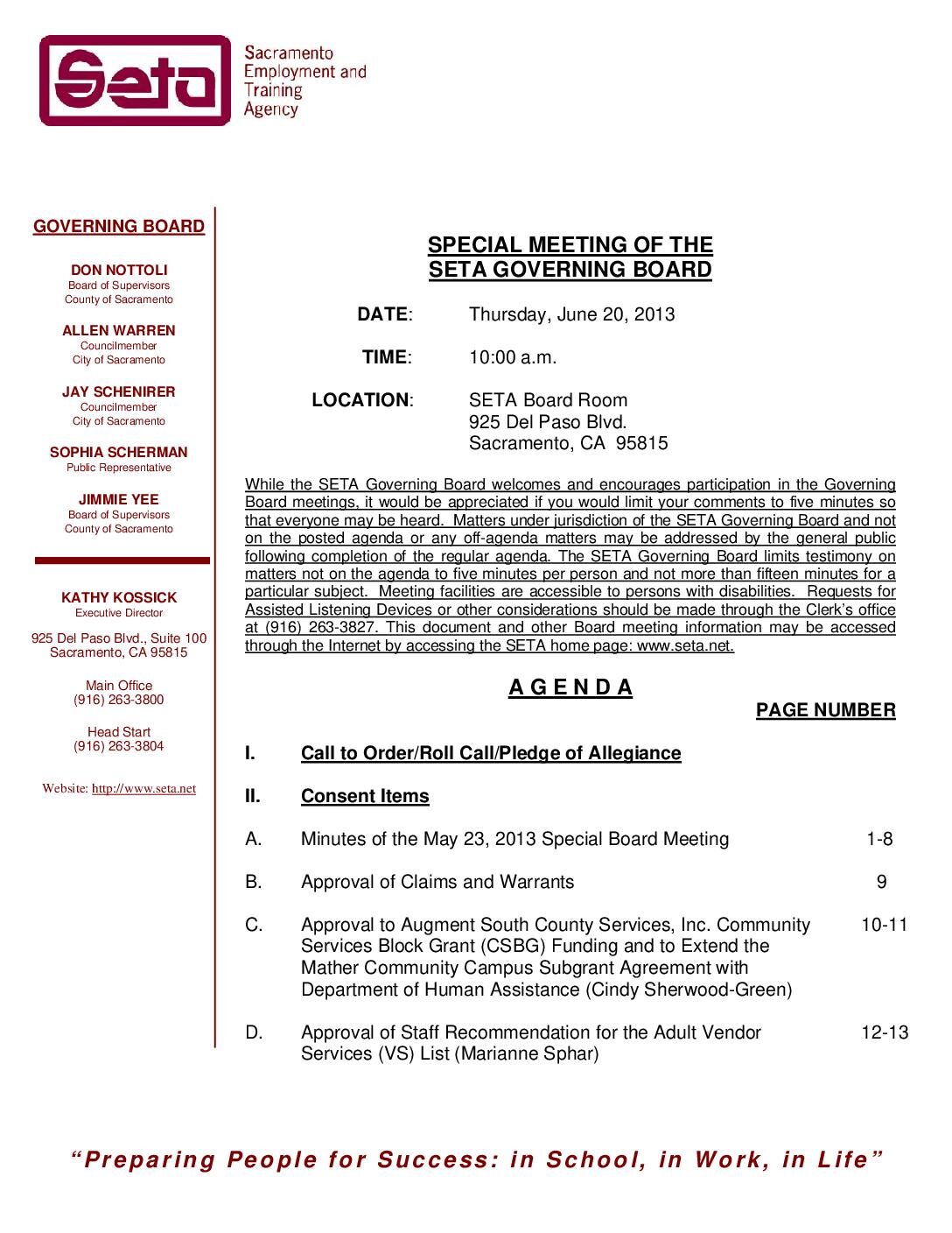 Special Governing Board 6/20/13